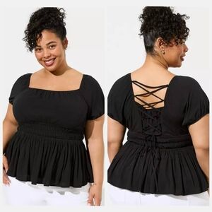 Torrid Black Crinkle Gauze Criss Cross Back Lace Up Peplum Blouse Top